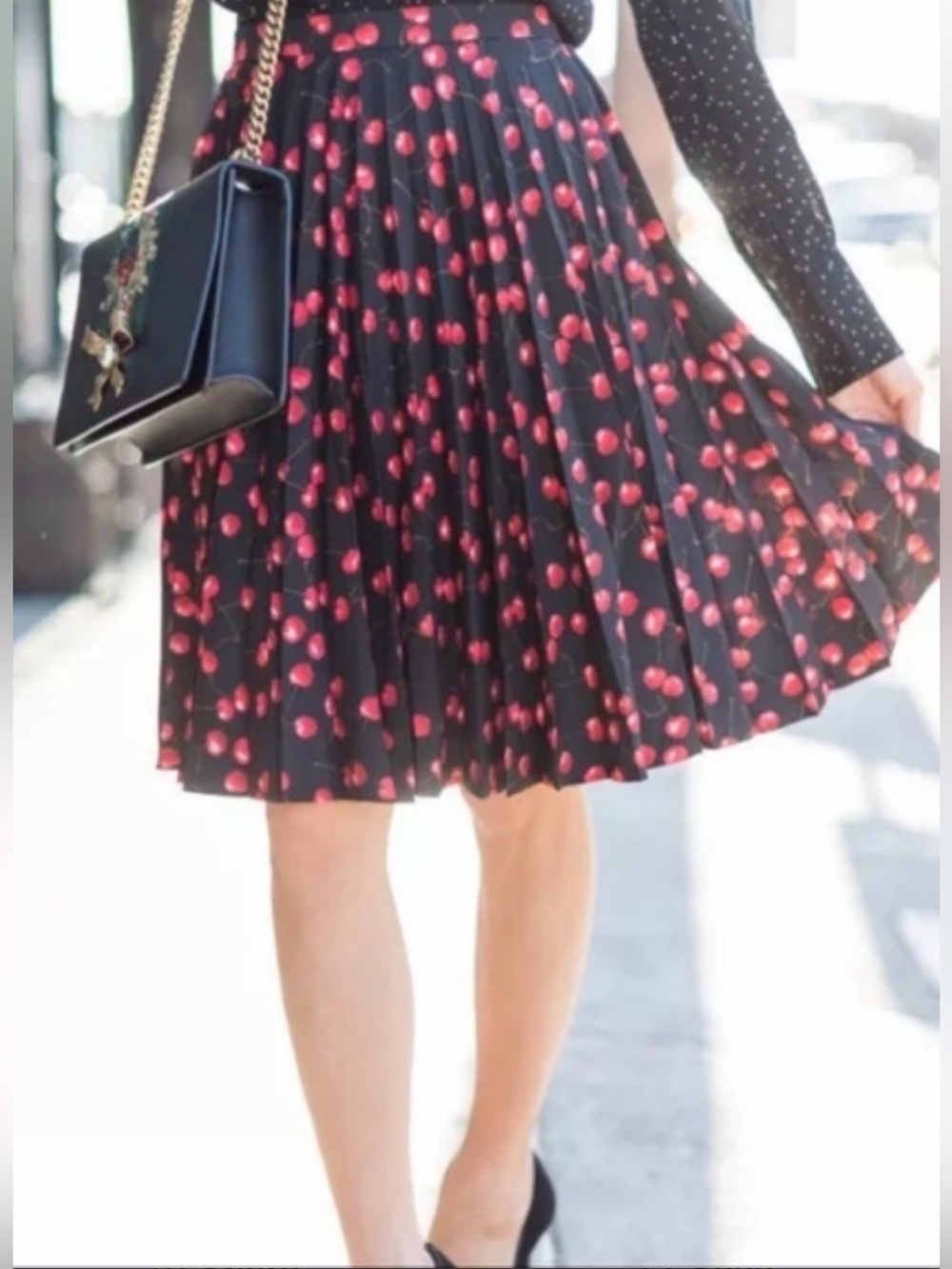 J Crew cherry print pleated knee length skirt cottagecore feminine office 8